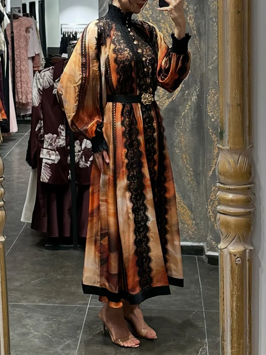 TWOTWINSTYLE Hit Color Sheer Spliced Lace Elegant Dresses for Women High Neck Long Sleeves Patchwork Belt Fashion Dress Female