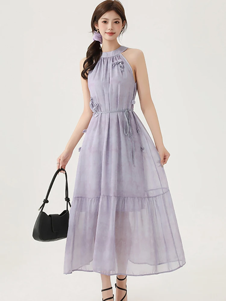 

Women Purple Bodycon Bow Bandage Long Dress Summer Elegant Chic Neck-mounted Sexy Dress 2025 Korean Vintage Luxury Evening Dress