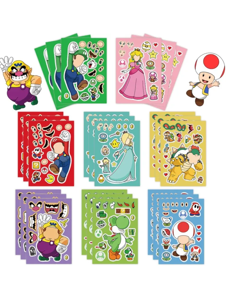 8 autocollants de puzzle Anime Super Mario Bros, jeu Kawaii pour créer un visage, autocollant mignon de dessin animé, pack amusant DIY, jouet cadeau