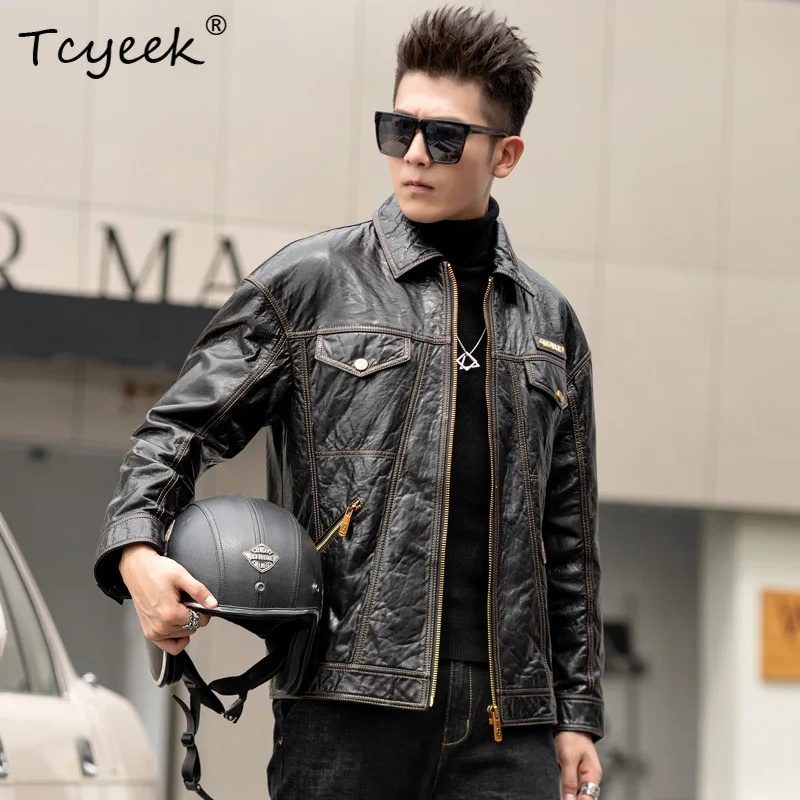 Tcyeek Real Leather Jacket Men Motocycle Jackets Spring Autumn Mens Clothes Oil Wax Sheepskin Leather Coat Jaqueta Couro 2025