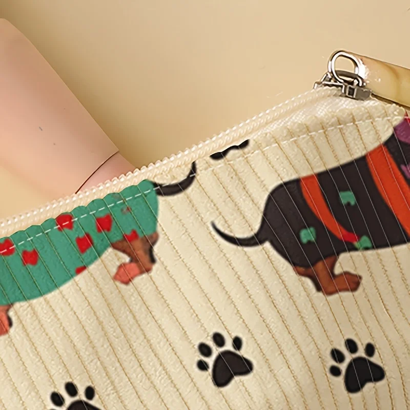 Corduroy Makeup Bag with a Small Dog Pattern Print  A Lightweight, Zippered Pouch That Serves Multiple Purposes, Suitable