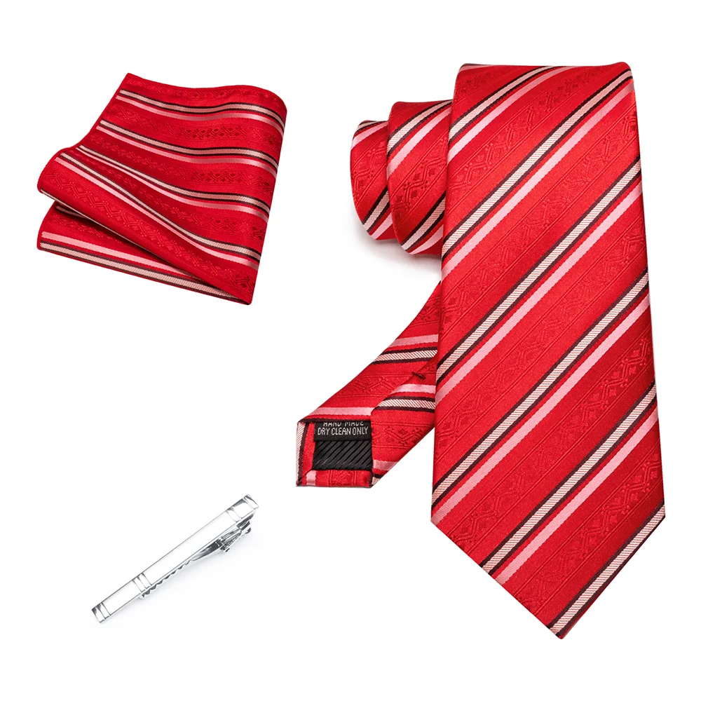 Herren Marineblau Krawatte Rot-Grün Gestreiftes Krawattenset Glänzender Clip Hochwertiges Einstecktuch für Business-Anzüge Anlässe Hochzeit Party – Detail 15
