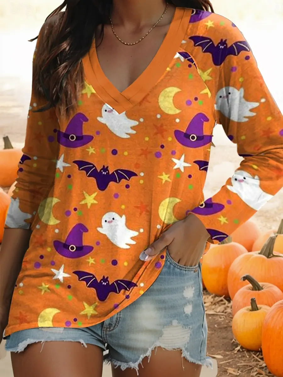 

2025 Women's T-Shirts Halloween Ghost Graphic Elegant Vintage Tees Long Sleeve T-shirts V-Neck Regular Tops Casual Pullover