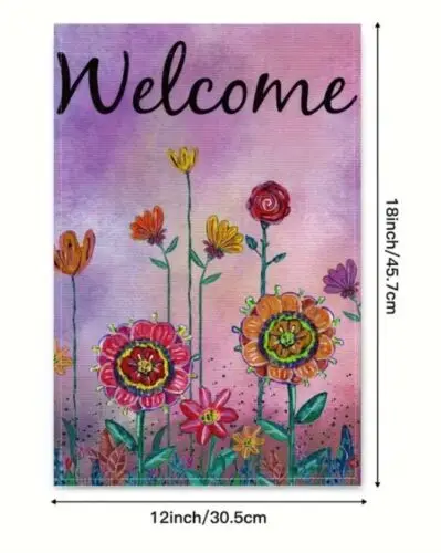 Whimsical Floral Welcome Burlap Garden Flag 12x18 in