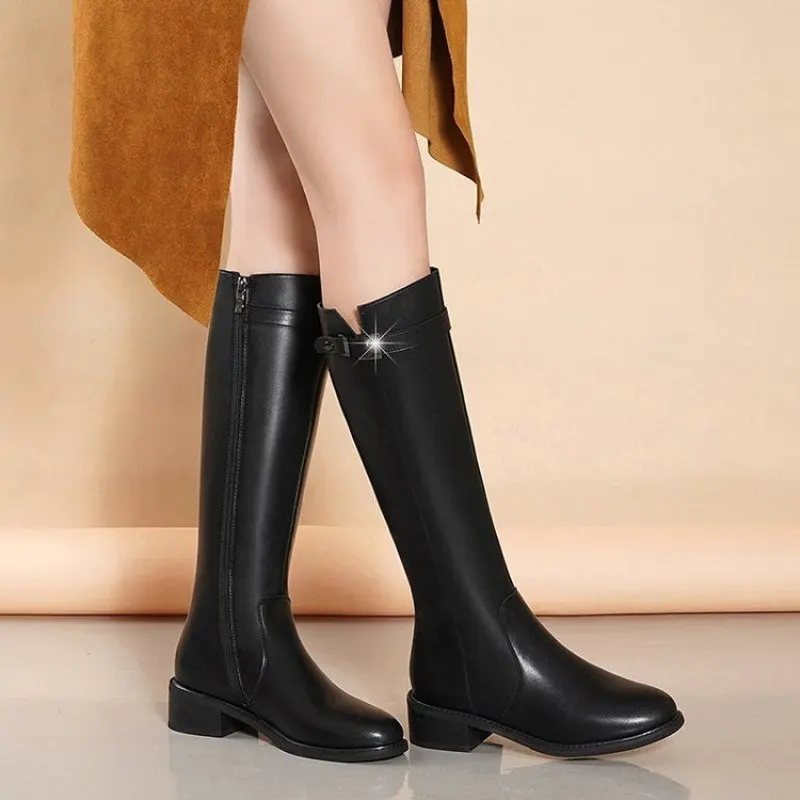Women Knee-high Boots Genuine Leather Natural Leather Ladies Bootie Autumn and Winter Boots Goth Shoes Fashion Casual Plus Size