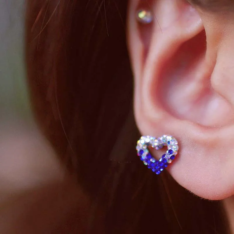 스테인리스 스틸 귀걸이 나선 피어싱 크리스탈 하트 플랫 이어 스터드, 한국 패션 이어 피어싱 나사, 소녀 쥬얼리, 1PC, 신제품