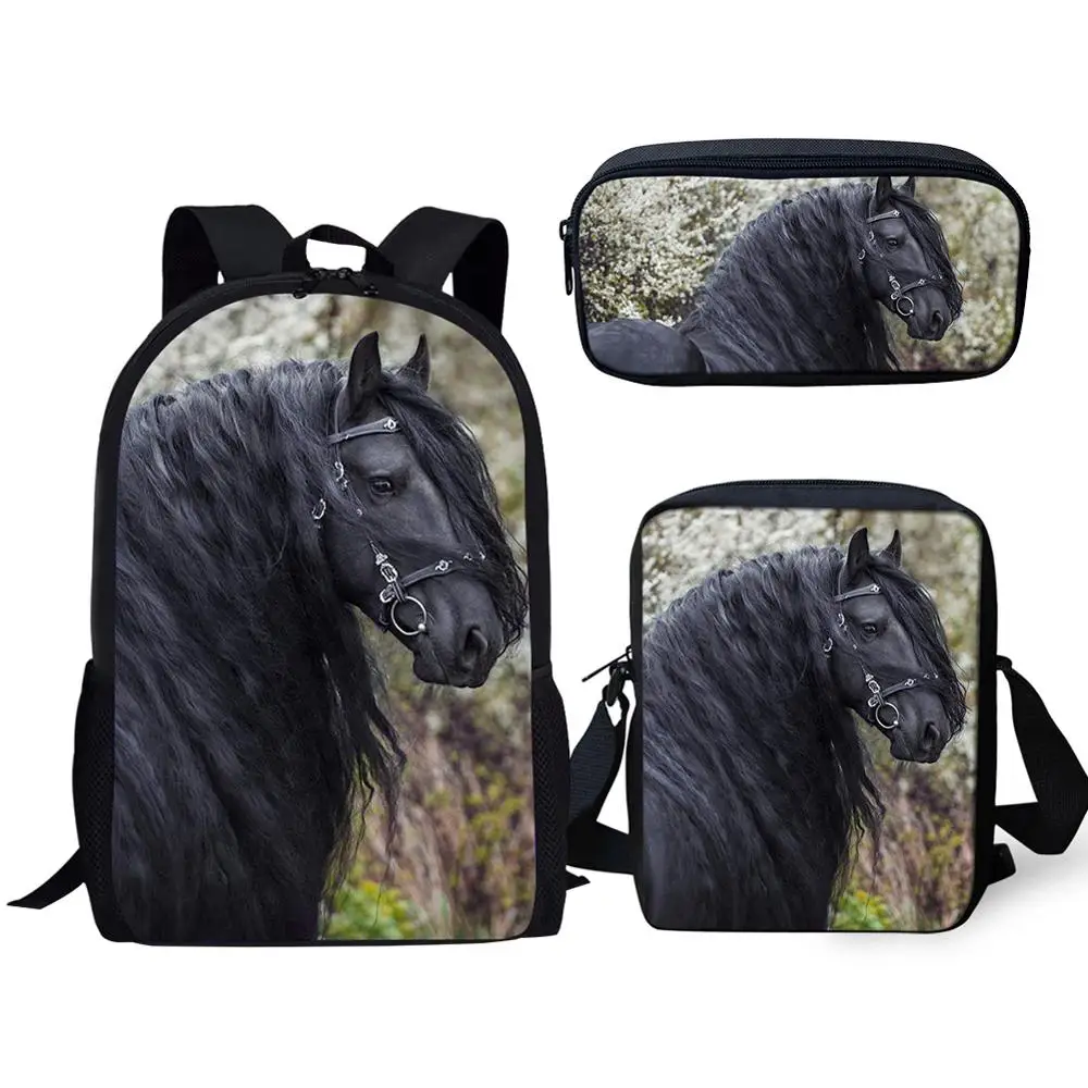 Harajuku Youthful Handsome Black Horse 3D Print 3pcs/Set Student Travel bags Laptop Daypack Backpack Shoulder Bag Pencil Case
