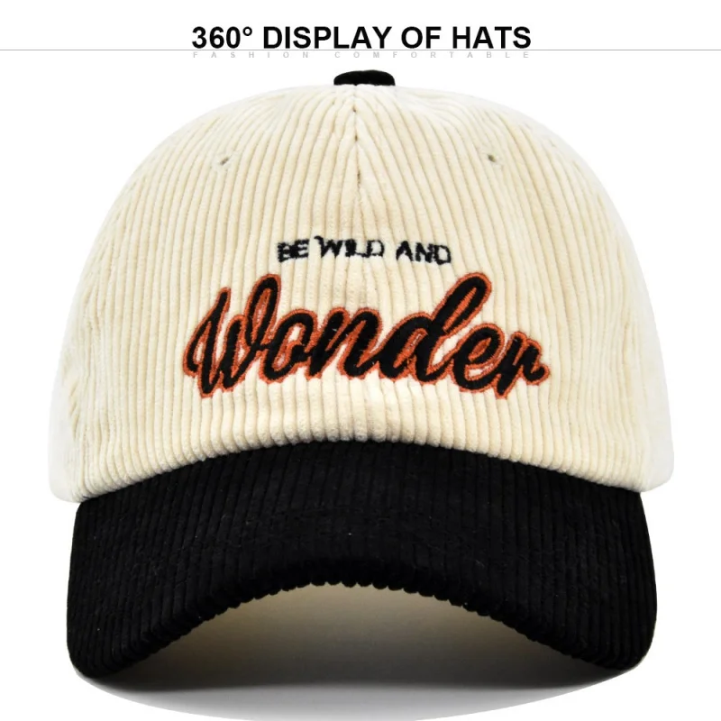 Corduroy Hat WONDER Embroidery Patchwork Colours Baseball Cap Korean for Women Fashion Visor Cap for Men
