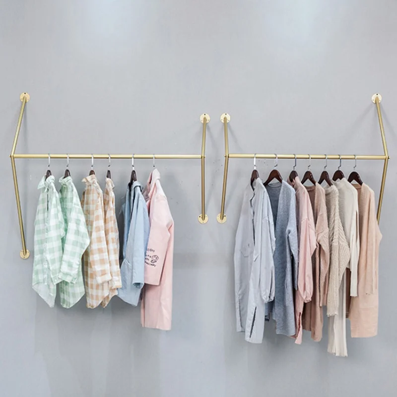 Custom, Fashion Gold Garment Metal Wall Mounted Hanging Rail Display Rack Retail Clothing Shop Fittings Interior Design