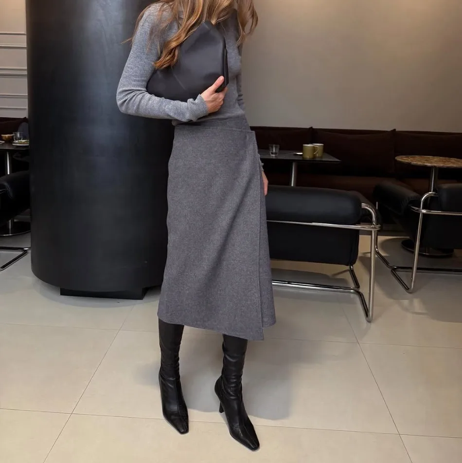 Herbst Winter Neue Damen-Pendlerkleidung Grauer Woll-Midirock Eleganter Hochtaillierter Knopf-Schlitzrock für Damen – Detail 12