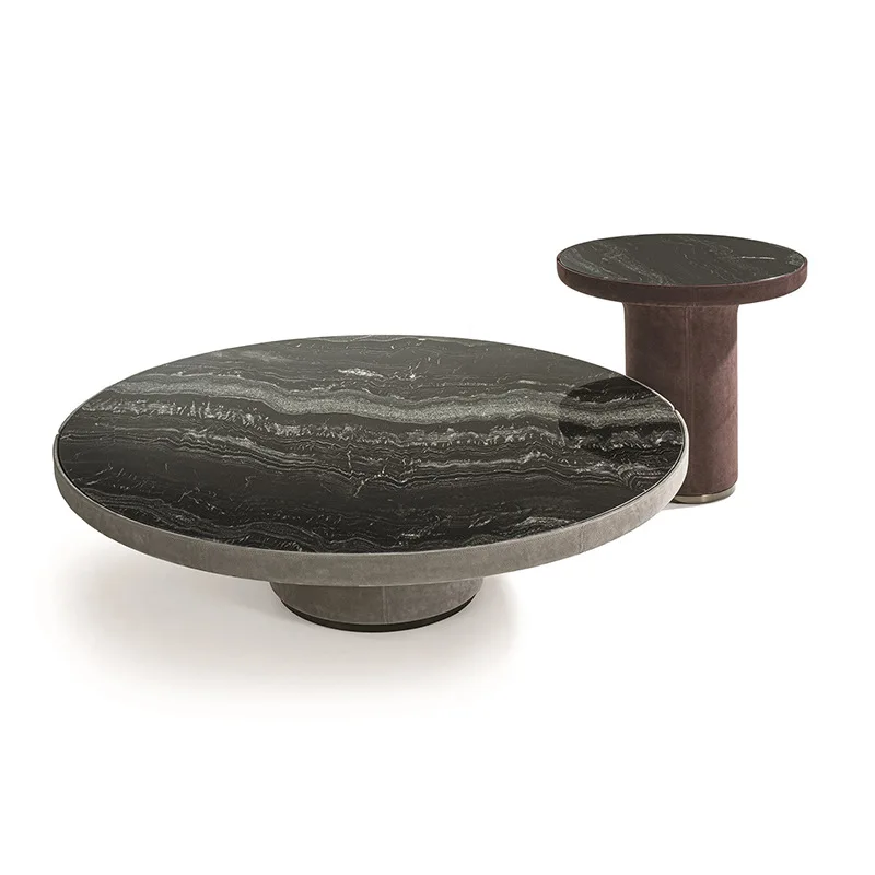 Light luxury round marble coffee table set wooden sticker matte leather minimalist sofa edge table
