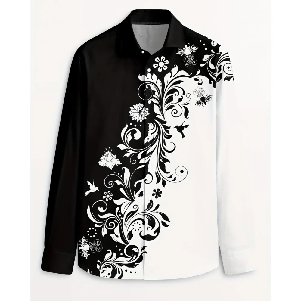 قميص رجالي كاجوال بأكمام طويلة مع طباعة زهور - قميص أسود وأبيض بتصميم بأزرار علوية عادية ملابس كاجوال بطبعة زهور #1