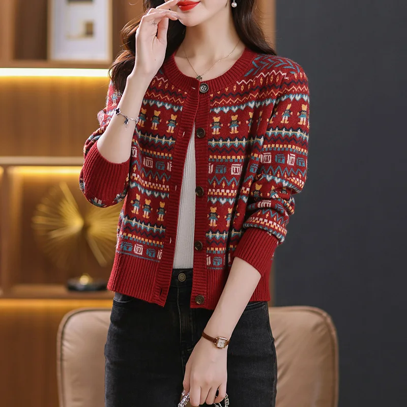 Long Sleeve Cardigan for Women, Jacquard Knit, Loose Sweater, Thin Streetwear, Korean Popular Clothes, Autumn and Winter