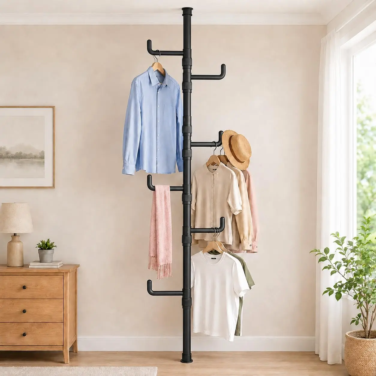Floor to Ceiling Clothes Drying Rack, Adjustable Tension Pole Laundry Rack for Balcony. Vertical Coat Hanger Stand for Bathroom