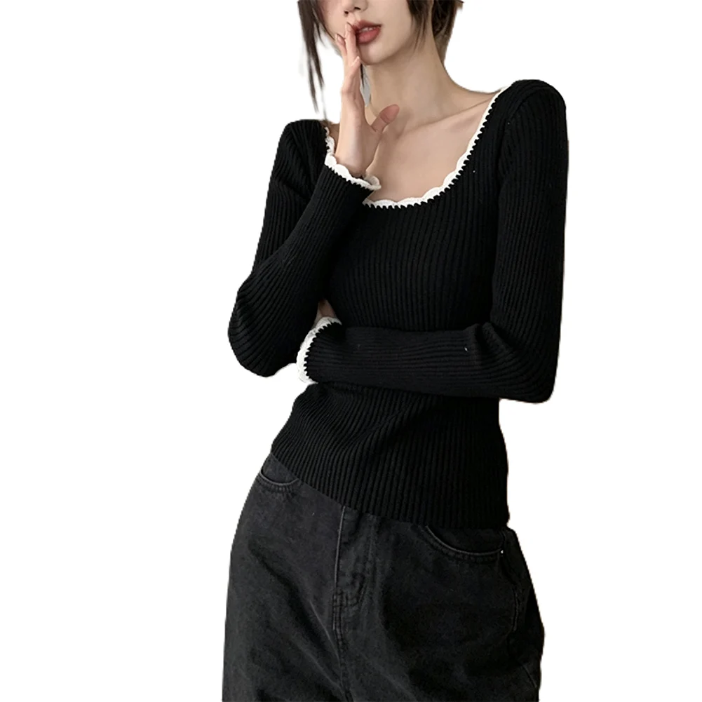  Women's Contrasting U-shaped Collar Knitted Long Sleeved Tops Wide Neckline And -Off Shoulder Design For Spring And Autumn