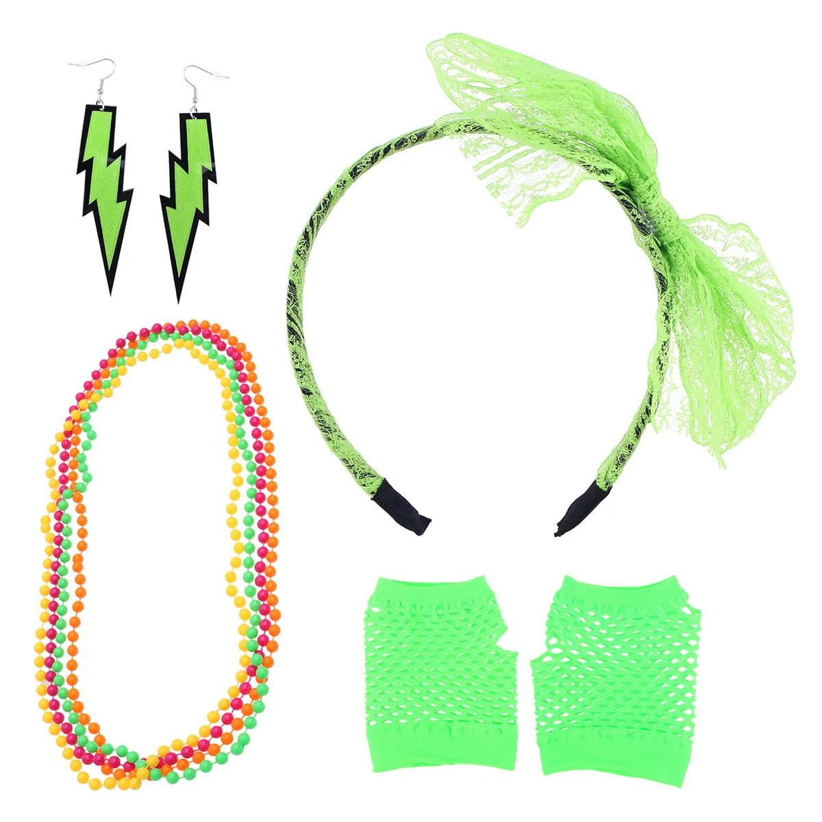 80年代コスチュームアクセサリーセットライトグリーン指なし手袋ネオンイヤリングレースヘッドバンドネックレスハロウィーンパーティーディスコ用