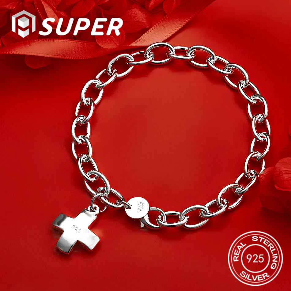 ALISuper 925 Sterling Silver 8-inch Delicate Cross Bracelet for Women - Fashionable Wedding Party Accessories