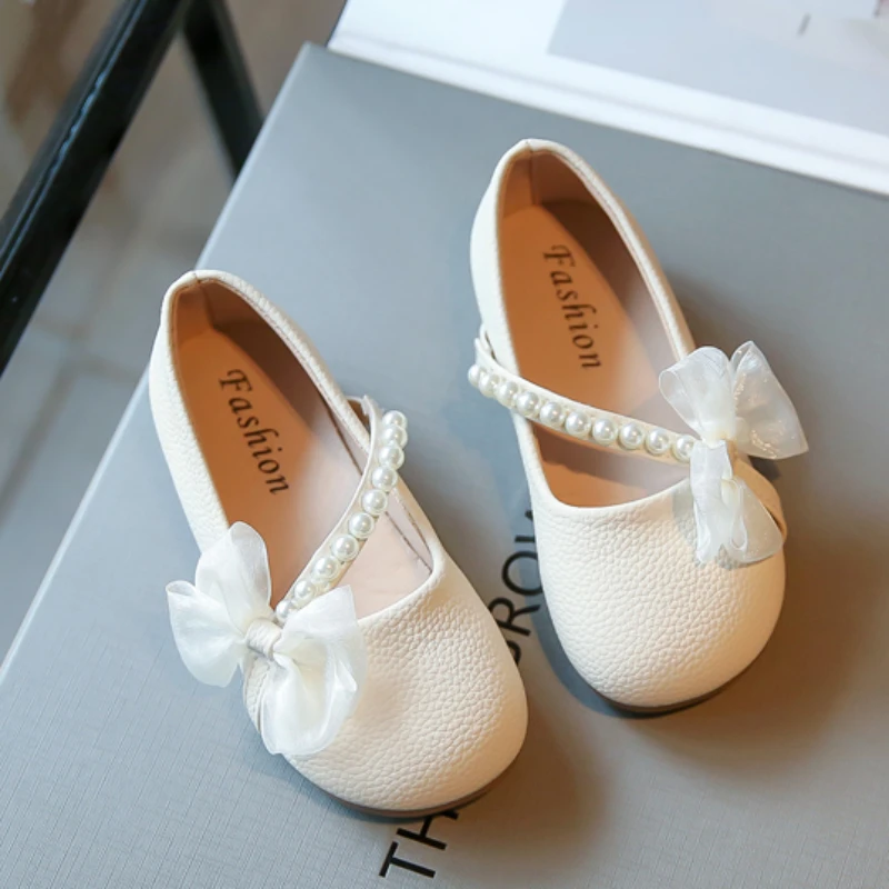 Chic Kids Fashion Mary Janes for Party Wedding Shows Children Elegant 2023 Girls Leather Shoes Round-toe Pearls Bow Flats Korean