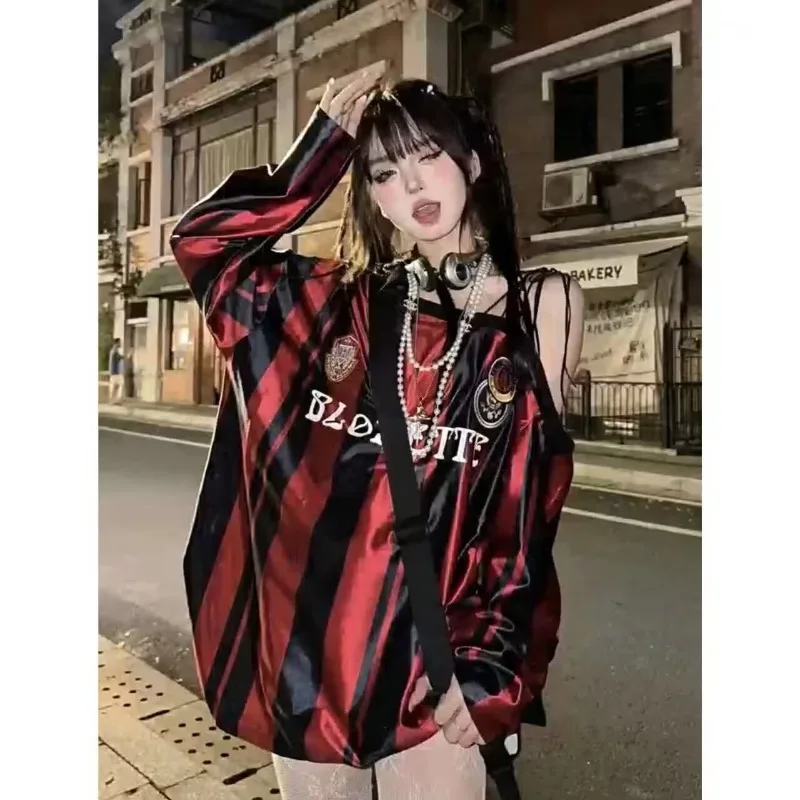 

Summer New Clothes American Retro Slanted Shoulder Baseball Shirt Y2k Striped Hoodie Long Sleeve Spicy Girl Sports Style Tops