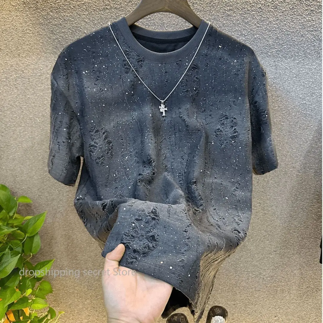 Summer New Short-Sleeved Men's Half-Sleeved Trendy Starry Sky Gradient Hole Round Neck Top