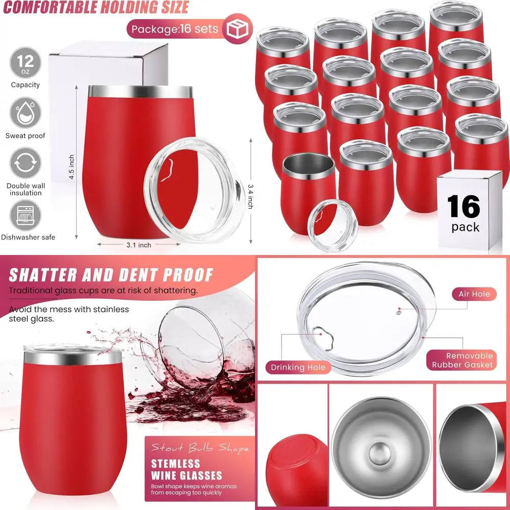 

Набор из 16 термостаканов для вина из нержавеющей стали объемом 350 мл – с двойными стенками, без ножки, для напитков, для улицы и путешествий (красные)