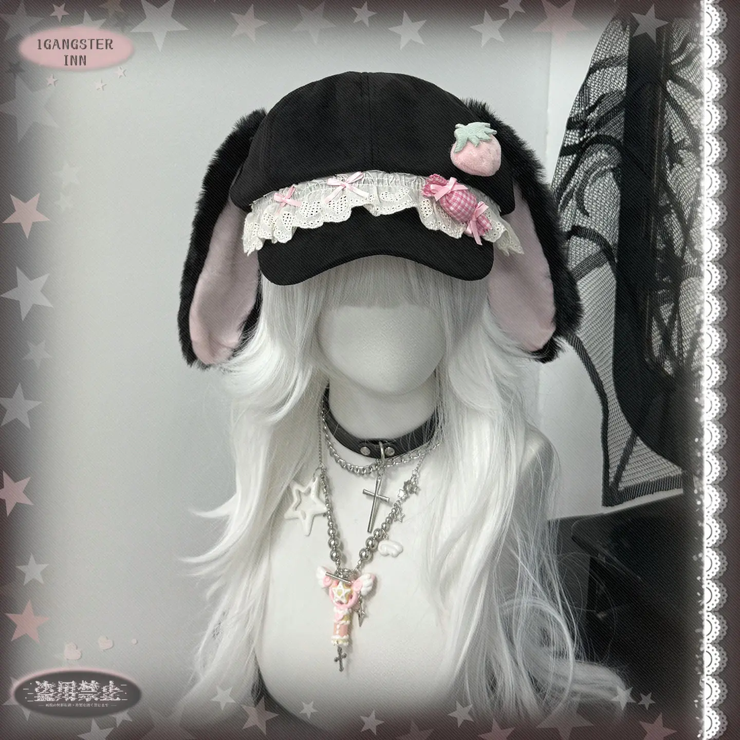 Original Harajuku Style Strawberry Rabbit Ear Beret Subculture Cute Y2K Lolita Octagonal Hat Fashion Lady Painter Hat