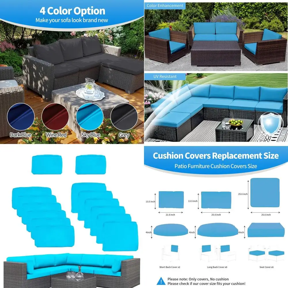 

14-Piece Outdoor Patio Furniture Cushion Covers, Waterproof & Non-Slip, 3 Sizes, Zippered Sofa Slipcovers, Sky Blue, 25.5