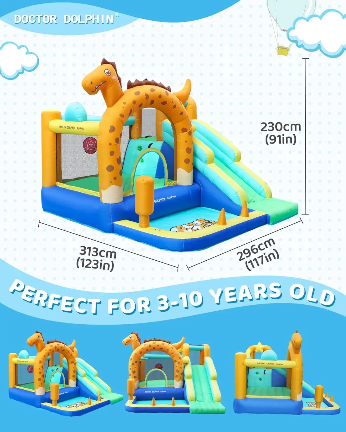 Dolphin Bounce House สไลด์ไดโนเสาร์ปราสาท Bouncy พองกระโดดปราสาทพร้อมอุโมงค์ Ball Pit สําหรับเด็กวัยหัดเดินเด็ก 3-8 Y