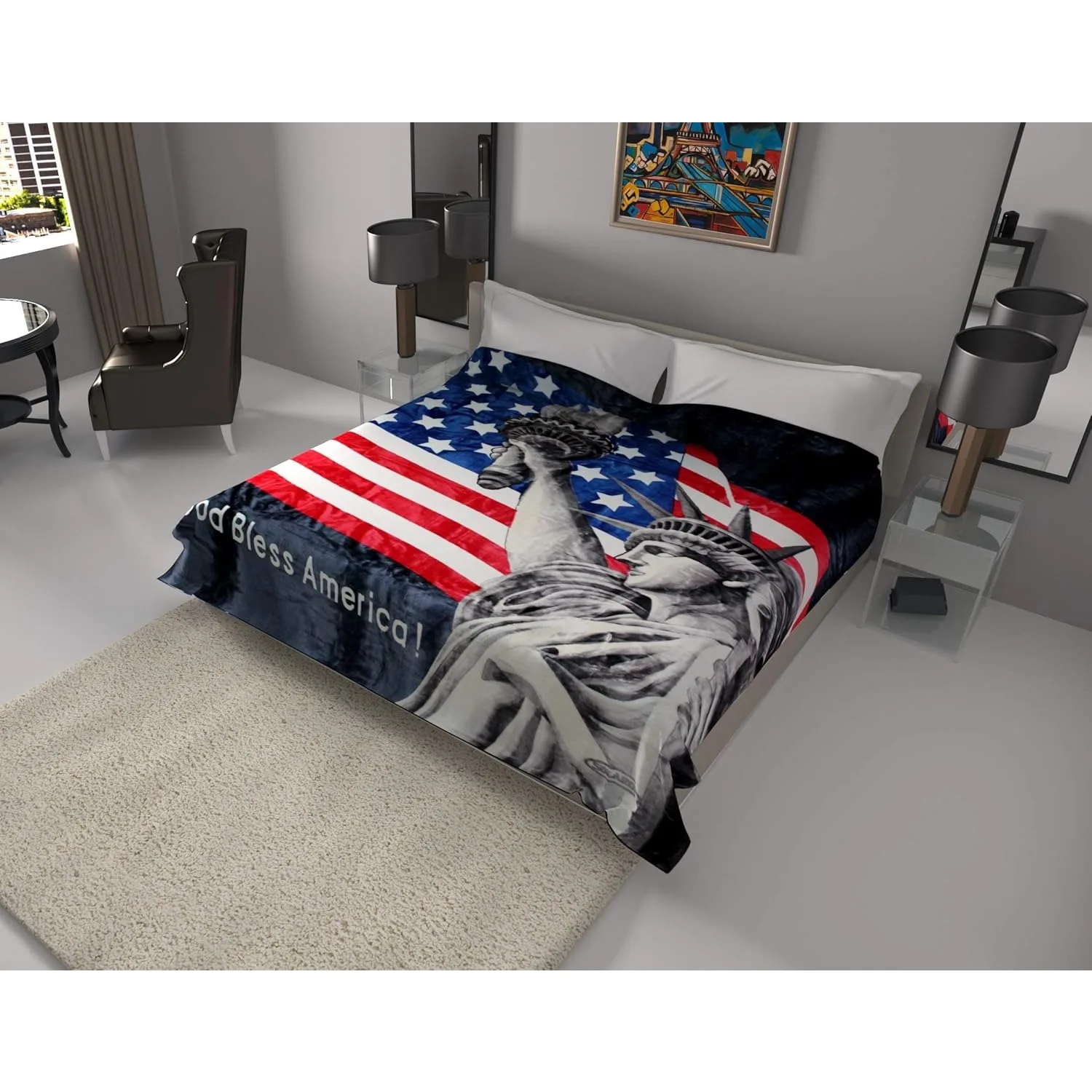 Original Heavy Mink Plush Korean Durable Blanket (American Flag Statue of Liberty, King)