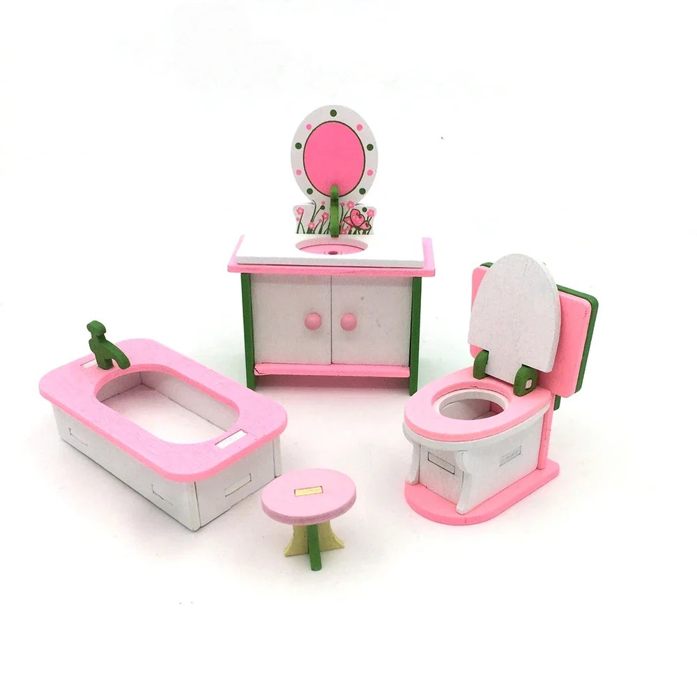 1/12 Dollhouse Miniature Wooden Washbasin Bathtub Toilet Chair Set Simulation Bathroom Model for Doll House Decoration ob11