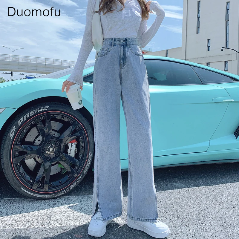 Duomofu-pantalones vaqueros ajustados de cintura alta para mujer, Jeans femeninos de longitud completa con abertura elegante, color azul claro, moda informal Simple básica coreana, nuevo, otoño