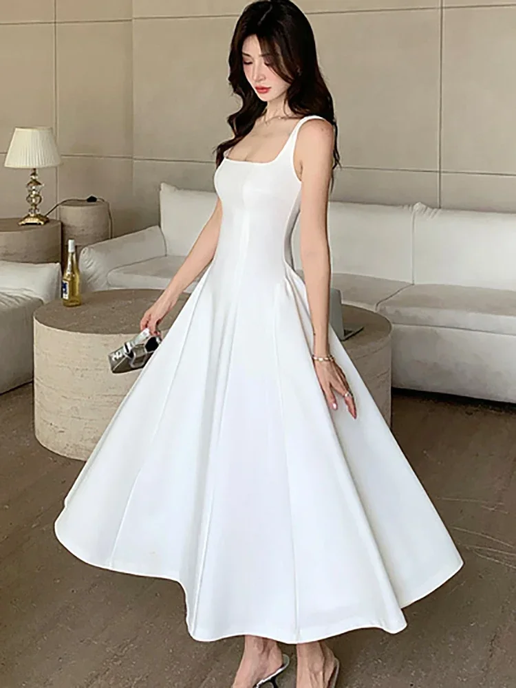 Robe longue sexy à col carré pour femme, robe de soirée élégante, robe de soirée séparés ante de luxe, batterie vintage coréenne, robe éducative d'été, nouveau, blanc, 2024