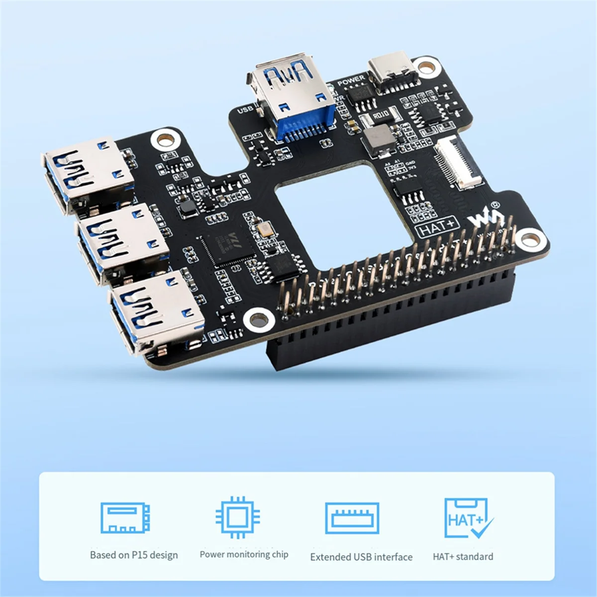 AT87-Waveshare PCIe to USB 3.2 Gen1 HAT+Expansion Board for Raspberry Pi 5 PCIe to USB HUB 4 High Speed USB Driver-Free Plug and