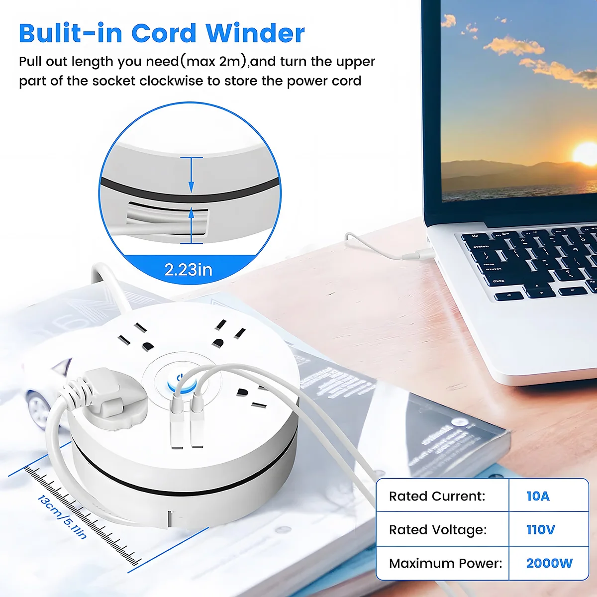 Stekkerdoos Wandgemonteerde Stopcontact 2 Usb-Laadpoorten 4 Stopcontacten Met 6.56 Ft Verlengsnoer Ons Stekker Stopcontact