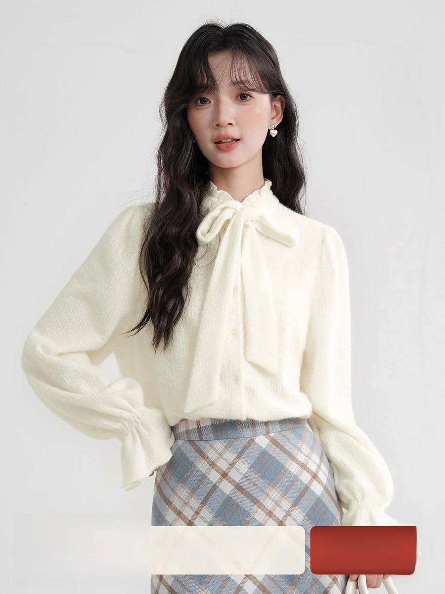 

Women's Long Sve Faux Fur Base irt Autumn Winter Bell Sve Knot Sa Beautiful Top French Sle Straight Cut