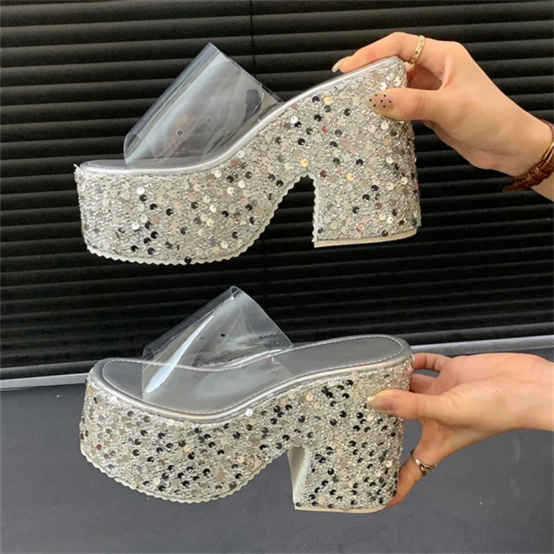 Eilyken Summer PVC Transparen Sequin Cloth Platform Open Toe Women\'s Slippers Designer Square High Heels Shoes Zapatos De Mujer