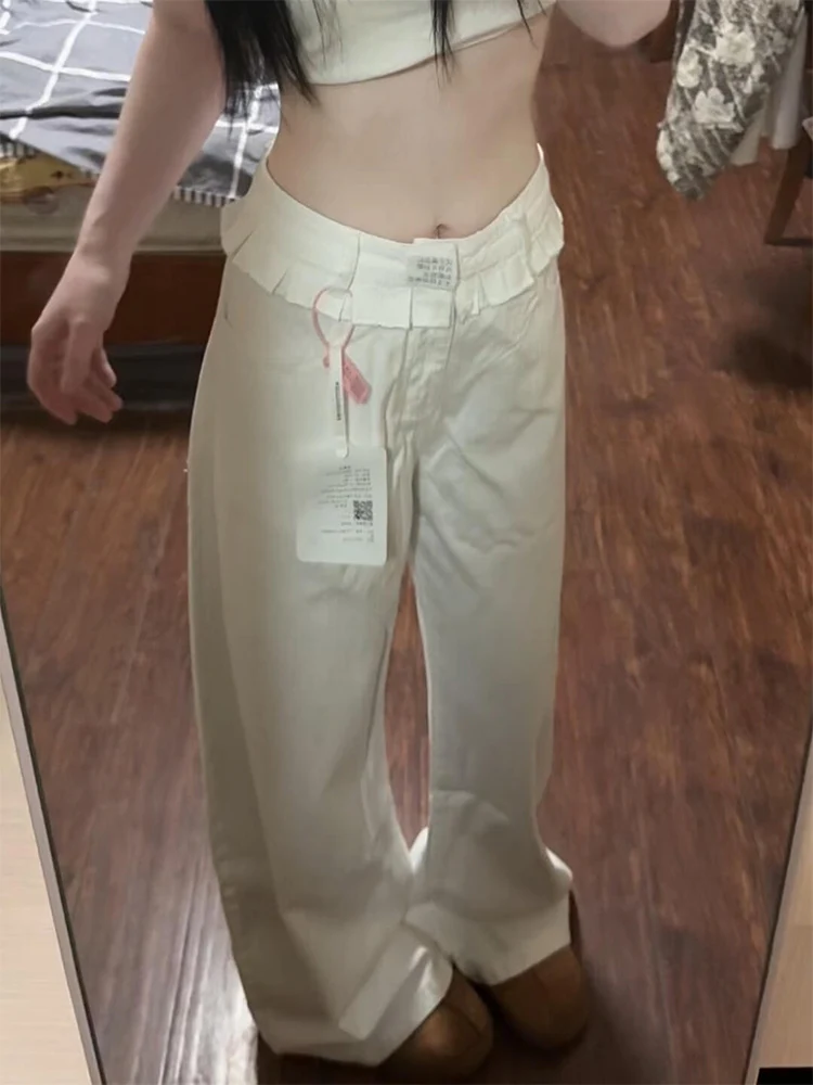 

White Lace Splicing Jeans Women Summer New Design Loose Straight Leg Wide Leg Pants Casual High Waist Long Pants No Stretch