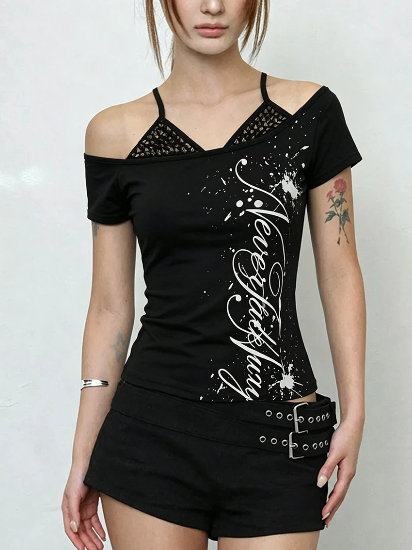 Women Gothic Rock Rivet Halter Off Shoulder Short Sleeve T-shirt Aesthetics Fashion Ink Splash Letter Print Slim Punk Streetwear