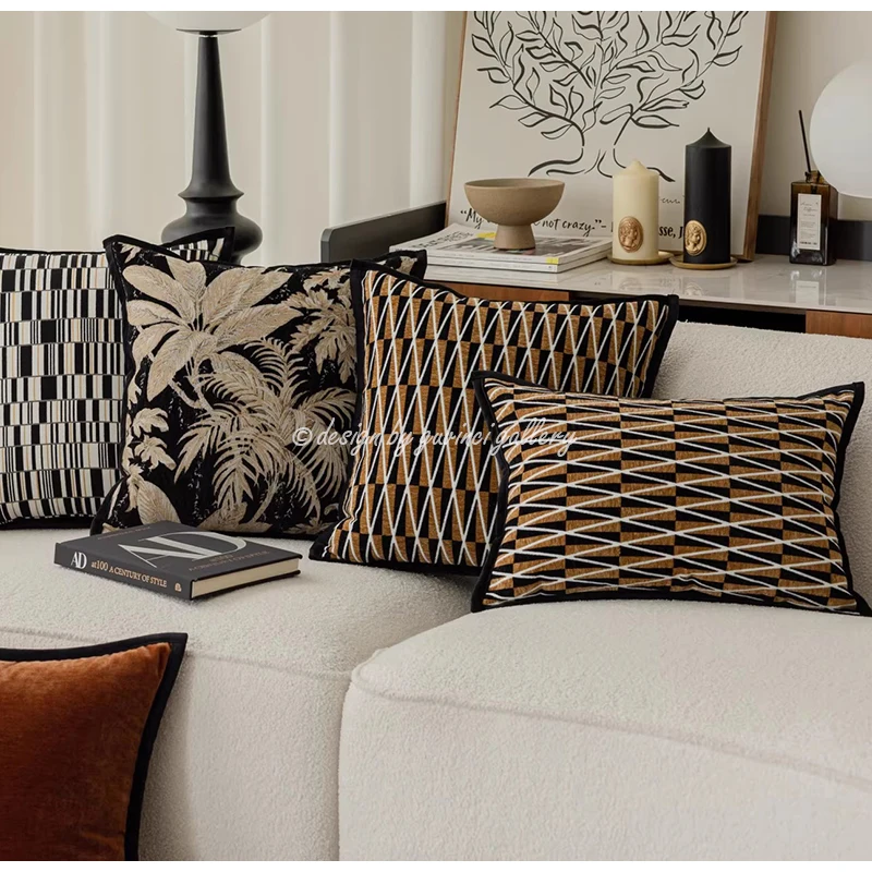GUVINCI Modern Aesthetic Geometry Pattern Jacquard Cushion Cover Terracotta Brown White Black Decorative Pillowcase For Sofa Bed
