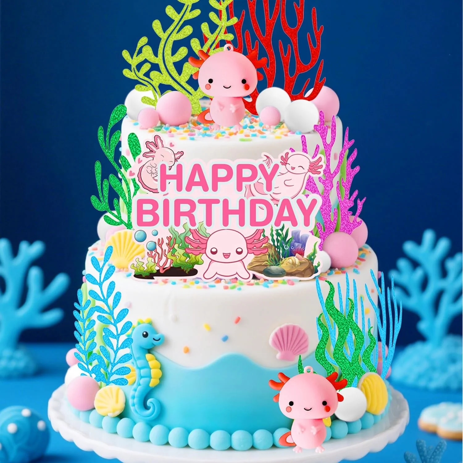 LaVenty Axolotl-Figur Tortendekoration Ozean-Thema Kuchendekoration Niedliche Axolotl-Themen Geburtstagsdekoration Unterwasser-Kuchen – Detail 2