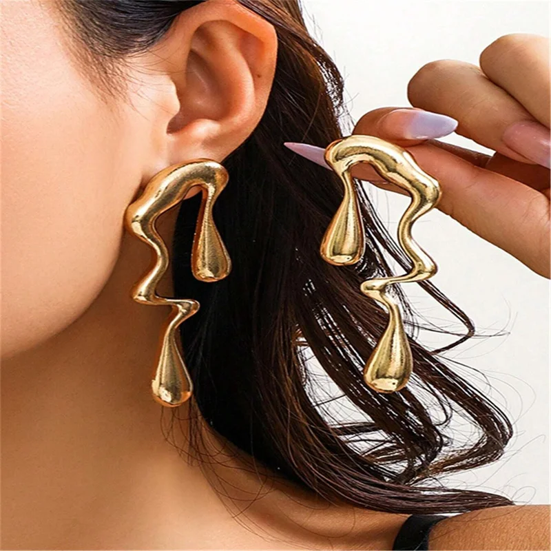 

Punk Fashion Liquid Irregular Stud Earrings For Women Cool Gold Color Geometric Metal Earrings Earings Party Jewelry Brincos