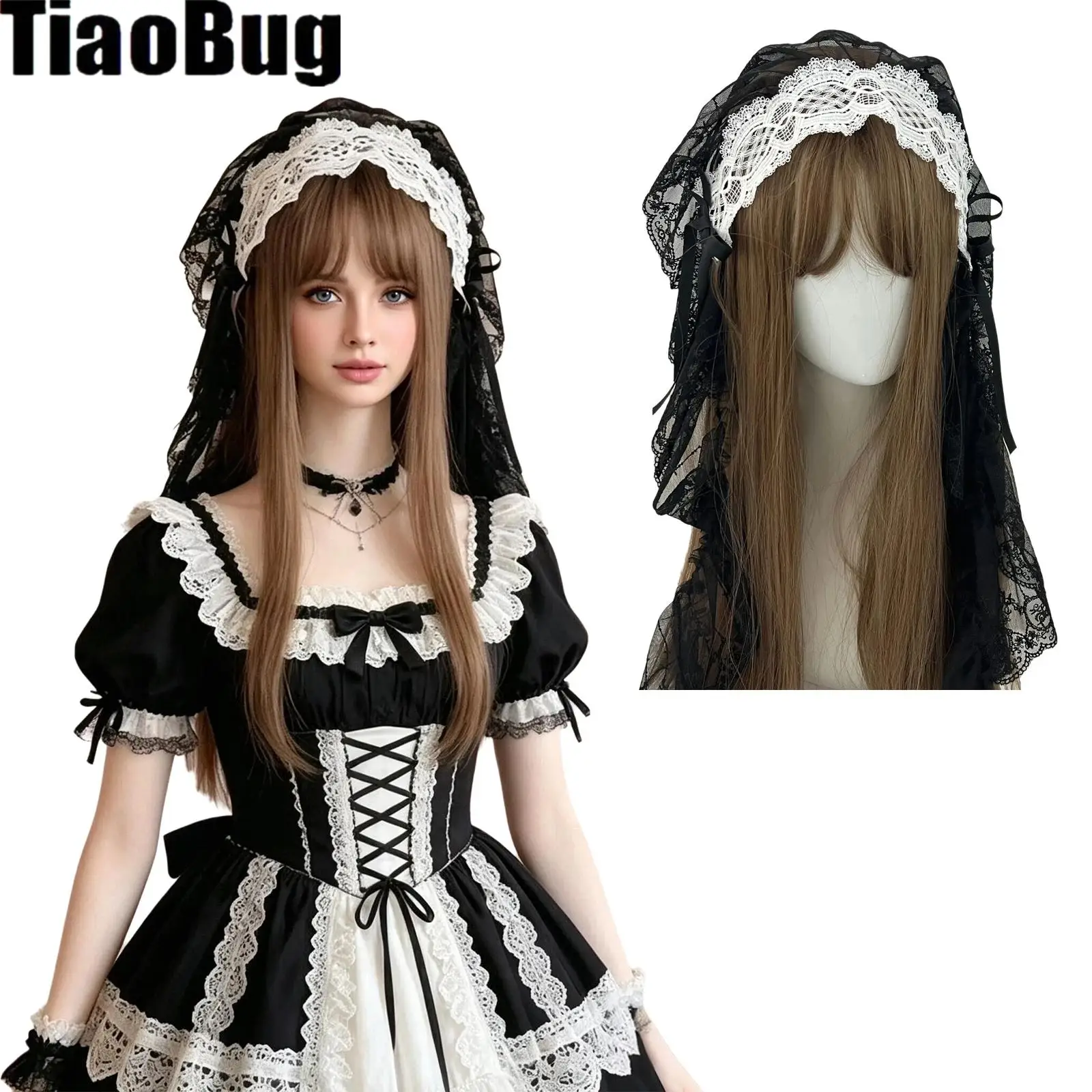 Halloween Women Lolita Gothic Headpiece Floral Lace Trim Tulle Layer Hat Costume Accessories for Nun Cosplay Anime Comic-con