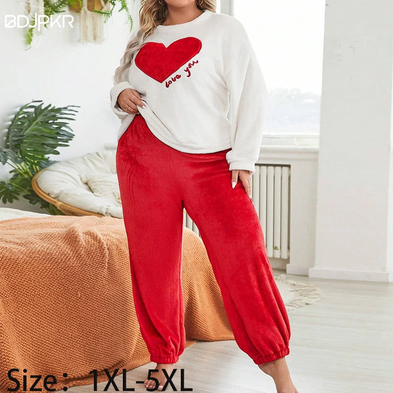 

Large Size Flannel Heart-Shaped Printed Pajamas Set, Thickened Women Home Clothes, Casual Long Pants, Long Sleeves Homewear Set