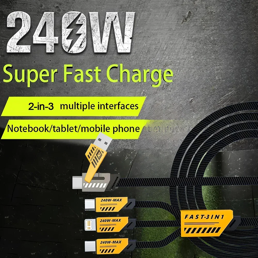 

2 IN 3 240W Nylon Braided USB Fast Charging Cable Multiports Type C Mobile Phone Charger Cable Cord For iPhone 16 Samsung Xiaomi