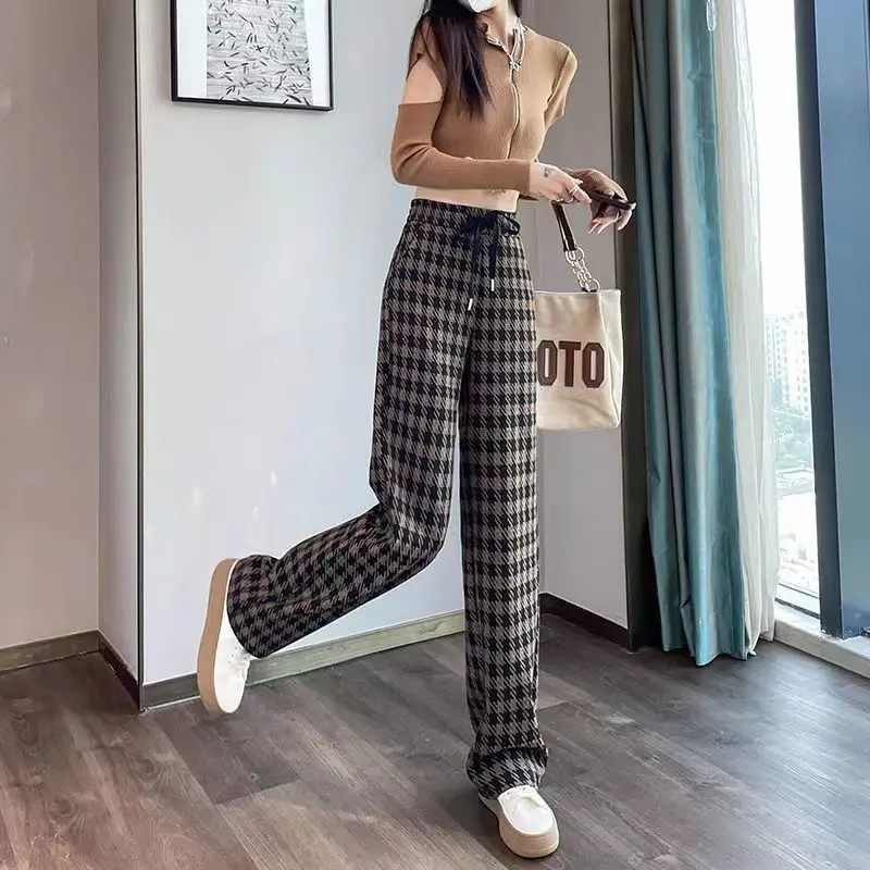 Wide Leg Pants for Women Simple High Waisted Loose Fitting Coffee Colored Checkered Casual Pants Floor Length Straight Leg