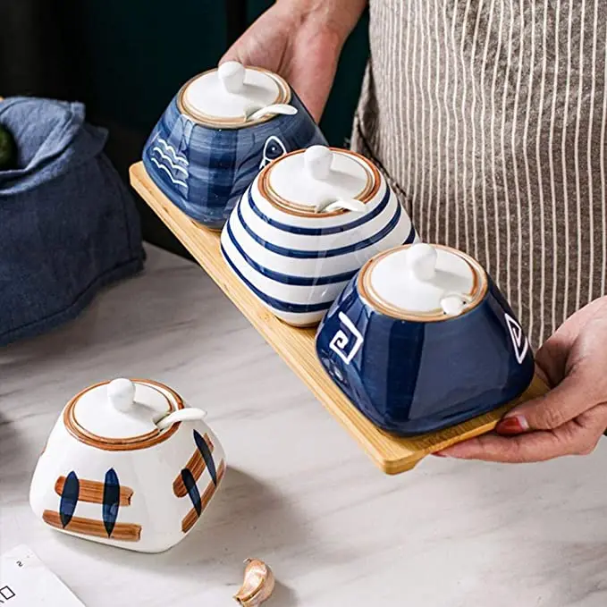 Ceramic Spice Jar, Sugar Salt Container , Condiment Pots Set, Hand-Painted Seasoning Jar with Porcelain Lids.For Home Kitchen.