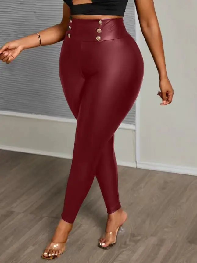 Plus size PU leather pants for women; high-waisted, slim-fit leggings for outerwear, slimming and fashionable ankle pants - Image 2