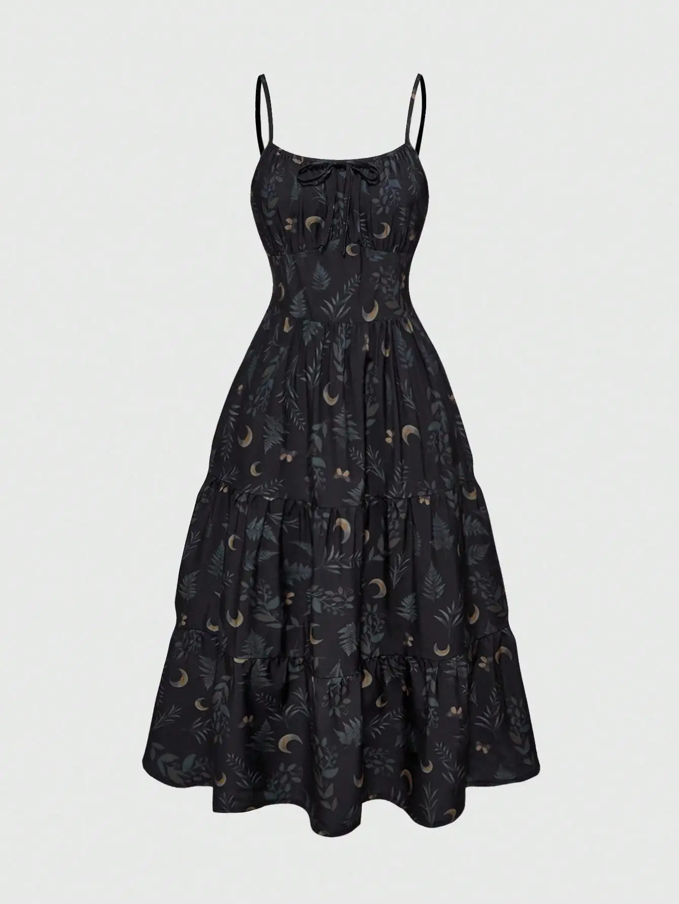 

Платье миди в стиле бохо больших размеров с принтом в виде полумесяца и листьев, на тонких бретелях, с многоярусной юбкой для летнего пляжного отдыха