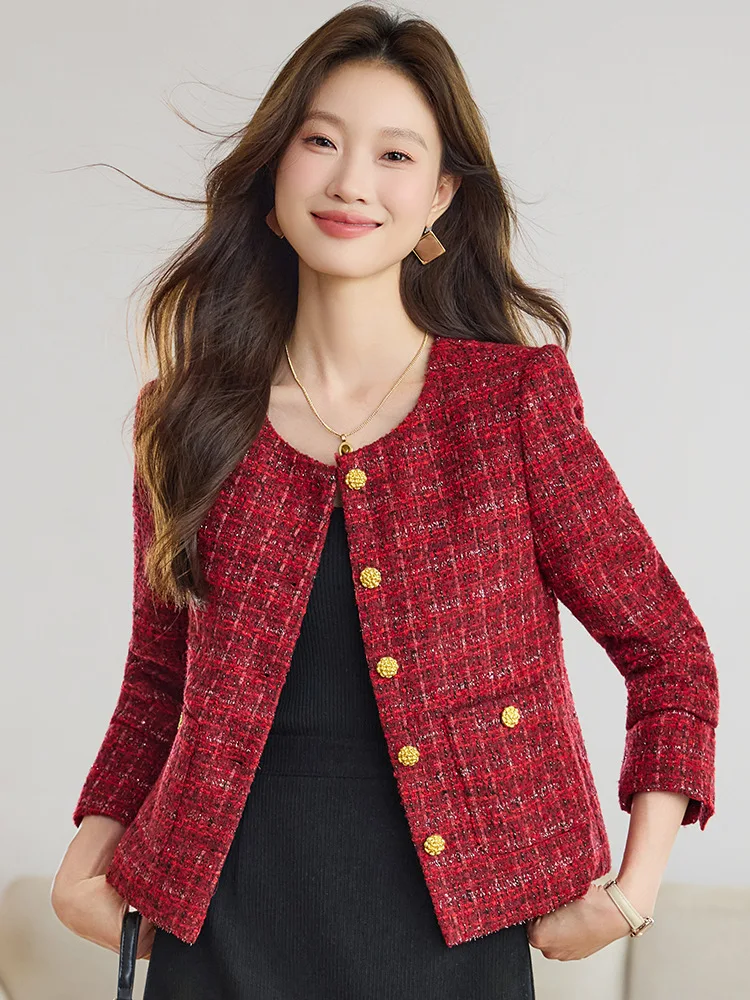 معطف قصير من الصوف الأحمر اللامع على الطراز الفرنسي للنساء سترة تويد منسوجة يدويًا للربيع