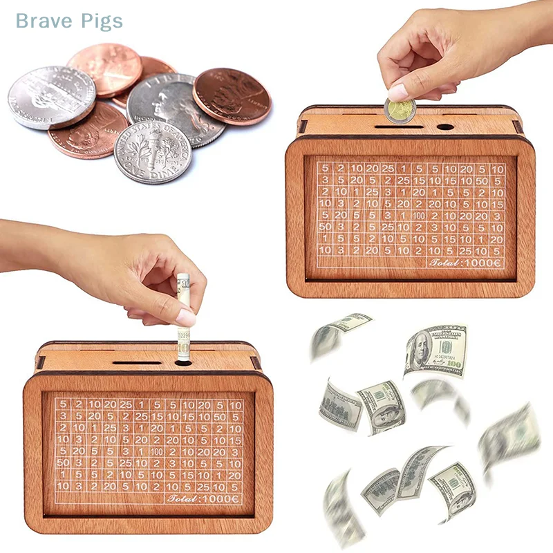 Money Box Piggy Bank Wood Money Bank, Reusable Money Box With Saving Goal And Numbers To Check For Helps The Habit Of Saving